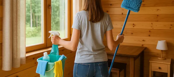 Stuginteriör med person som håller städutrustning vid fönster i sommarstuga